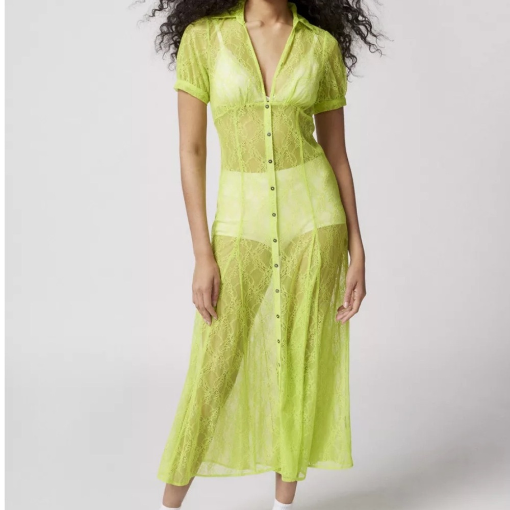 Urban Outfitters Neon Yellow Connie Sheer Lace Button Down Midi Dress Size S